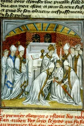 Kroning van Lodewijk VI (1108) - Verluchting uit het middeleeuwse perkamenten handschrift „Grote kronieken van Saint-Denis”, eind 14e eeuw (ref. 512)