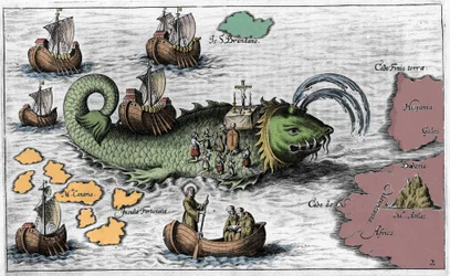 Sint Brendan (Brandan), held en Ierse heilige van de 6e eeuw, viert de mis op de rug van de reusachtige walvis Jasconius. Legende zegt dat zijn boot werd gedragen op de rug van een walvis. Kleurrijke gravure 17e eeuw