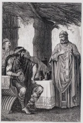 Saint Gregoire van Tours (538-594) die zich verzet tegen Chilperic I (539-584) Koning van Neustrië