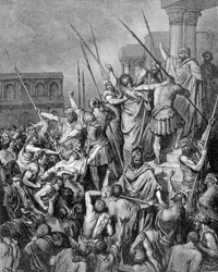 Sint Paulus wordt tegengehouden in Jeruzalem. 19e-eeuwse gravure