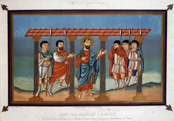 Sint Paulus verkondigt het Evangelie - uit een Bijbel geschreven voor koning Karel de Kale in de Abdij van Sint Martin van Tours, 9e eeuw