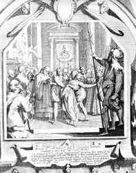 Scène van exorcisme van een bezeten vrouw met behulp van de Madonna van Monsummano in 1630