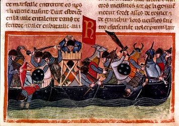 Scène van een zeeslag. Miniatuur uit een Frans codex op perkament "Feiten van de Romeinen" die de oude geschiedenis tot Julius Caesar vertelt (101 v.Chr.-44 v.Chr.). 13e eeuw Venetië, Biblioteca Marciana