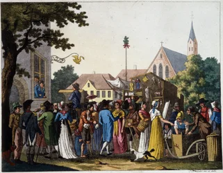 Scène van wandelen in de 18e eeuw - gravure