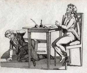 Scholieren hebben een tafel met inktpot. Gravure eind 18e eeuw. Privécollectie.