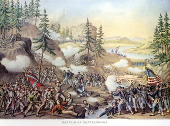 Amerikaanse Burgeroorlog (1861 - 1865): Na twee dagen van strijd bij Chattanooga, Tennessee, overwinning van het Noordelijke leger onder bevel van generaal Rosecrans. Gravure