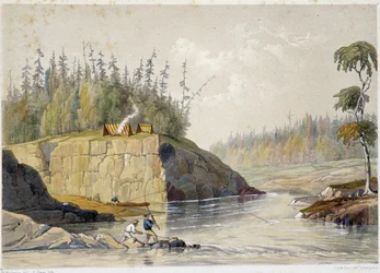 Kolonisten in Canada vissen in een rivier - in "Sketches on the nipisaguit a river of New Brunswick in America" door William Hickman, ed. Halifax