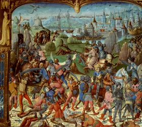 Zevende Kruistocht (1248-1254). Lodewijk IX (Saint Louis) (1215-1270), koning van Frankrijk, met de kruisvaarders na de nederlaag tegen de Saracenen bij Mansourah in 1250. Ze trokken zich terug achter de torens van Damascus. Lodewijk IX en zijn twee broers