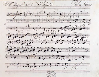 Bladmuziekpagina voor de eerste viool in Symfonie nr. 7, door Mozart