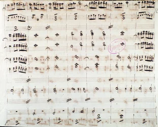 Bladmuziekpagina voor de eerste viool in de opening van Mithridate, koning van Pontus, opera door Mozart (1770)