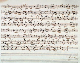 Bladmuziekpagina voor de eerste viool in de opening van Mithridate, koning van Pontus, opera door Mozart (1770)