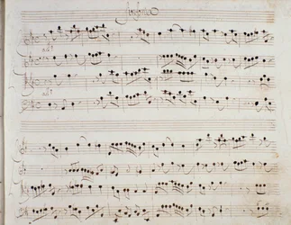 Bladmuziekpagina voor de opera Mithridate door Giuseppe Aldrovandini (1706)