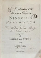 Bladmuziekpagina van de Periodieke Symfonie (het Gevecht van de Menselijke Passies) door Karl Ditters von Dittersdorf