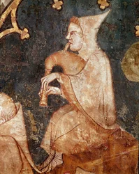 Herder die op een doedelzak blaast Detail. 14e eeuw fresco. Uit Olite (Navarra) Museum van Navarra, Pamplona