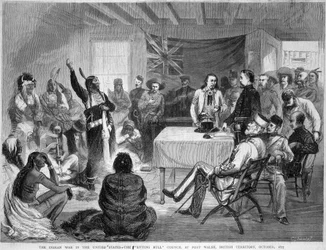 Sitting Bull en Buffalo Bill: Sitting Bull Raad bij Fort Walsh, Brits Territorium, tijdens de oorlog met de Indianen, oktober 1877
