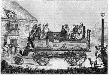 Stoomauto van Gurney (Gurney Goldsworthy) getest in Londen in 1827.