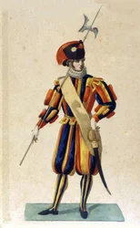 Zwitserse garde van Vaticaanstad in kleine outfit.