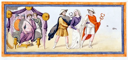 Talthybios en Eurybates brengen de maagd Briseis voor Achilles, die in de tent van de Myrmidonen staat. Ilias Zang I, v 345. Gravure uit het einde van de 18e eeuw.