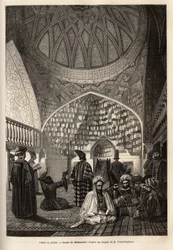 Tataren in gebed, in de Moskee van Schusha (Transkaukasië, Rusland). Gravure ter illustratie van de reis in de provincies van de Kaukasus, door Basile Vereschaguine, in 1864-1865, gepubliceerd in 