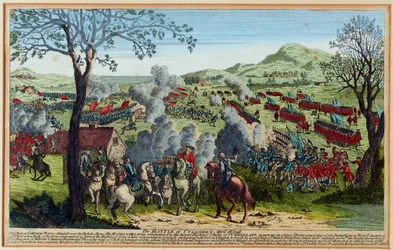 De Slag bij Culloden 16 april 1746 (gravure, gekleurd)