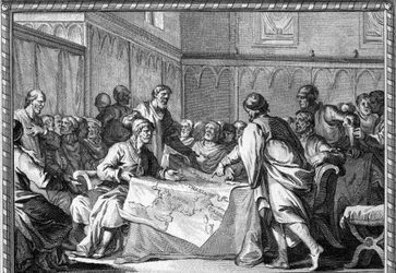 Het Karolingische Rijk werd verdeeld tussen de drie zonen van Lodewijk de Vrome: Lotharius I, Lodewijk de Duitser en Karel de Kale, volgens het Verdrag van Verdun (843). Gravure uit de 18e eeuw