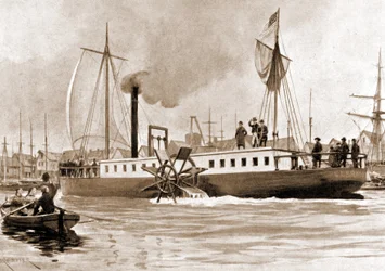 De Clermont, een boot gebouwd in 1807 door Robert Fulton (1765-1815) voor de verbinding New York - Albany op de Hudson. Gravure, 19e eeuw.