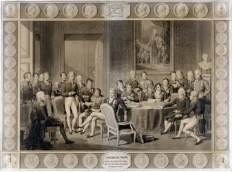 Het Congres van Wenen (1815, Alexander I, tsaar; H.R. Stewart, Castlereagh; Francois I, keizer van Oostenrijk; Frederik Willem III, koning van Pruisen; Karl August, prins van Hardenbergh; Wilhelm von Humboldt)