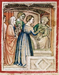 De dood van Rachel in lagen Miniatuur uit codex 212 (of padovano codice of Bijbel van Padua) 1390-1400 Rovigo, Accademia dei Concordi