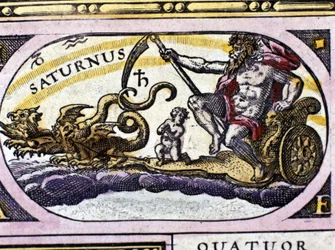 De god Saturnus (Cronos) op een tank getrokken door twee draken