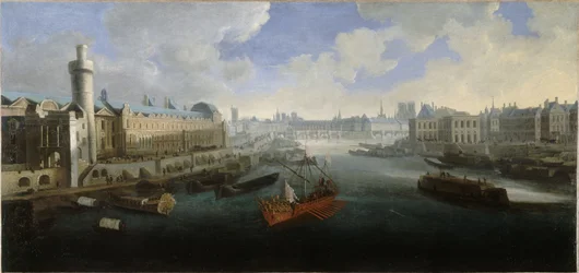 De Grande Galerie van het Louvre, met de Porte Neuve, de Pont-Neuf, de Cité, het Collège des Quatres-Nations in aanbouw en de Quai Malaquais, circa 1665. Op de Seine, de koninklijke galei, tussen 1660 en 1670