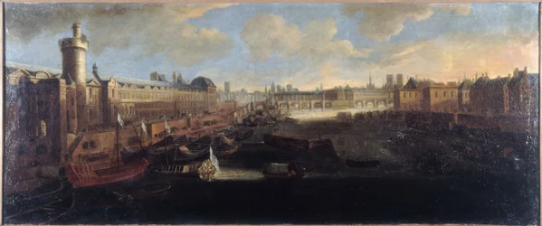 De Grote Galerie van het Louvre, met de Porte Neuve, de Pont-Neuf, de Citadel, het Collège des Quatre-Nations in aanbouw en de Quai Malaquais, circa 1665, op de Seine de koninklijke galei, huidige 1e en 6e arrondissementen, tussen 1660 en