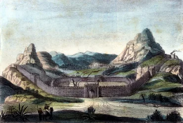 De Grote Muur van China. Gravure uit de 19e eeuw