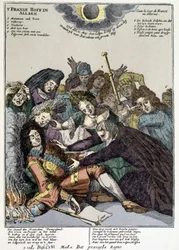 De koning viel flauw en de hovelingen omringen hem, treurend: spot op de revers van Lodewijk XIV in Nederland en Italië in 1706