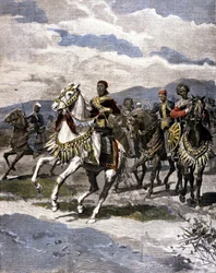 De koning van Ethiopië Menelik II. Illustratie van de Italiaanse pers.