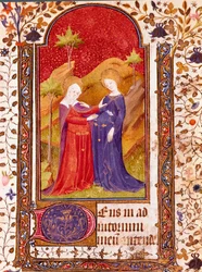 De Miniatuur Visitatie uit het Getijdenboek van Isabella van Castilië bekend als Isabella I de Katholieke (1451-1504) 15e eeuw Sevilla, Biblioteca Colombina