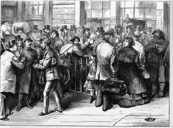 De Parijse Commune in 1871. Paspoortcontrole door de federes (communards) van personen die Parijs verlaten via de noordelijke spoorwegen.