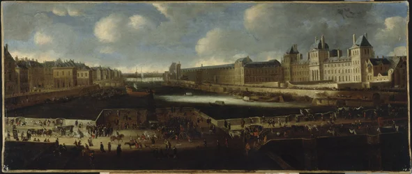 De Pont-Neuf, gezien vanaf de ingang van de Place Dauphine, de Quai Malaquais met het Collège des Quatre-Nations in aanbouw, de Grande Galerie en het Louvre, circa 1665