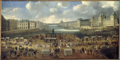 De Pont-Neuf, gezien vanaf de ingang van de Place Dauphine, de Quai Malaquais met het Collège des Quatre-Nations, de Grote Galerie en het Louvre, circa 1669. Een processie passeert over de brug. Huidige 1e en 6e arrondissementen, tussen 1665 en 1669