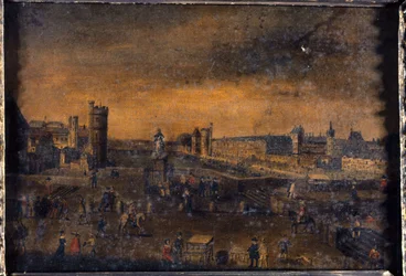De Pont-Neuf, gezien vanaf de ingang van de Place Dauphine, het Hôtel de Nevers, de Tour de Nesle, de Grande Galerie, met de Porte Neuve, en het Louvre, circa 1640