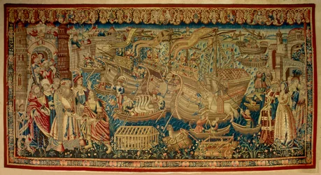 De Portugese navigator Vasco de Gama (1459-1524) arriveerde in Calicut (Kozhikode) in India in 1498. Wandtapijt. Lissabon
