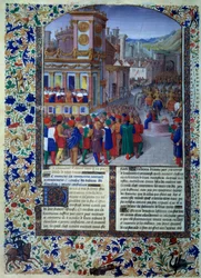 De Romeinen bereiden het beleg van Veies voor in 396 v.Chr. Miniatuur uit Histoire romaine (Ad urbe condita) door Tite Live (59 v.Chr.-17 n.Chr.), vertaald door Pierre Bessuire 1450-1500 Parijs, BN