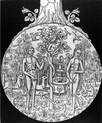 De Boom der Kennis (Adam en Eva in het Paradijs) - gravure, begin 16e eeuw, in 