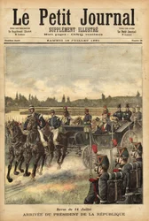 De aankomst van de president van de Franse Republiek Sadi Carnot, op de vlakte van het Bois de Boulogne, ter gelegenheid van de parade van 14 juli