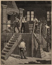 De kunst van glas: glasblazers die glas vervaardigen volgens de Franse methode. Gravure uit 1885 in “Les arts et métiers illustrés” door Adolphe BITARD