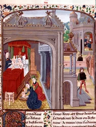 De geboorte van Alexander de Grote (356-323 v.Chr.), zoon van Olympias en Nectanebo II. Miniatuur uit 