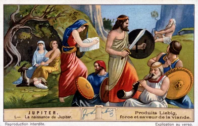 De geboorte van Jupiter, Rhea verbergt hem in het geheim en geeft een in linnen gewikkelde steen aan de Titaan Saturnus - Liebig chromolithografie