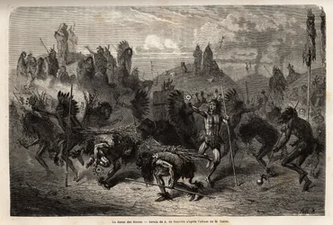 De bizondans uitgevoerd door de krijgers van de Mandans-indianen (of noumah ka kie: fazanten) op de linkeroever van de Missouri. Gravure ter illustratie van een excursie onder de indianenstammen van de bekkens van Colombia en Boven-Missouri, door G. Catlin
