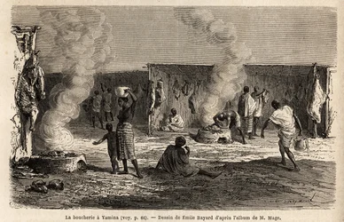 De slagers op de Yamina-markt (Niger), met palen uitgerust met haken om vlees op te hangen, evenals ovens waarin vlees direct kan worden gekookt, dat wordt geslacht volgens islamitische rituelen. Gravure ter illustratie van de reis naar West-Soedan van lui