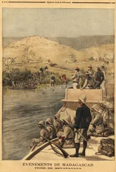 De verovering van Mevatanana (Madagaskar) door het Franse leger. Gravure in 