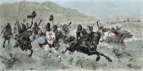De aanval van de Hunnen onder leiding van Attila (405-453), op Italië, 5e eeuw - Gravure door U. Checa